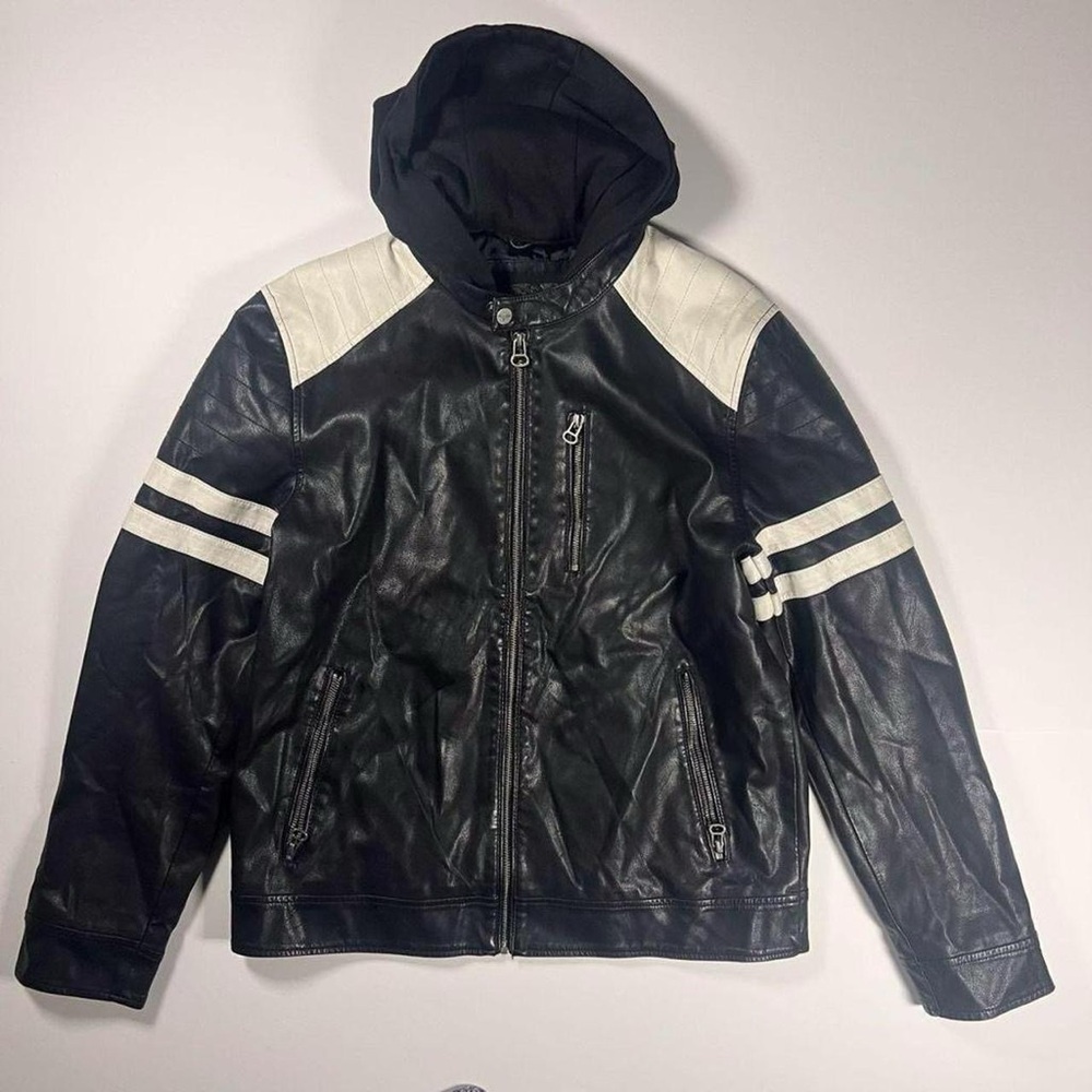 Wilson's Cycle Faux Leather Jacket‎ with Hood & Black and White Stripes